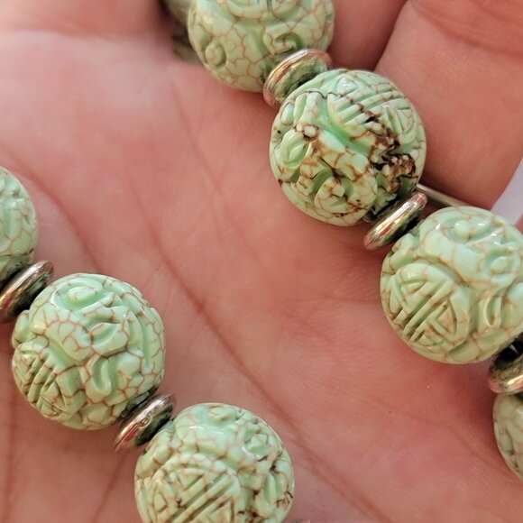 Absolutely stunning RARE Chinese natural green turquoise carved shou beads sterl - Picture 14 of 16